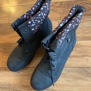 New wide-width ankle boots, black with flowers.